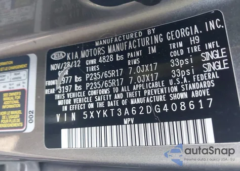 2013 Kia Sorento Lx из США, поврежденный, VIN 5XYKT3A62DG408617